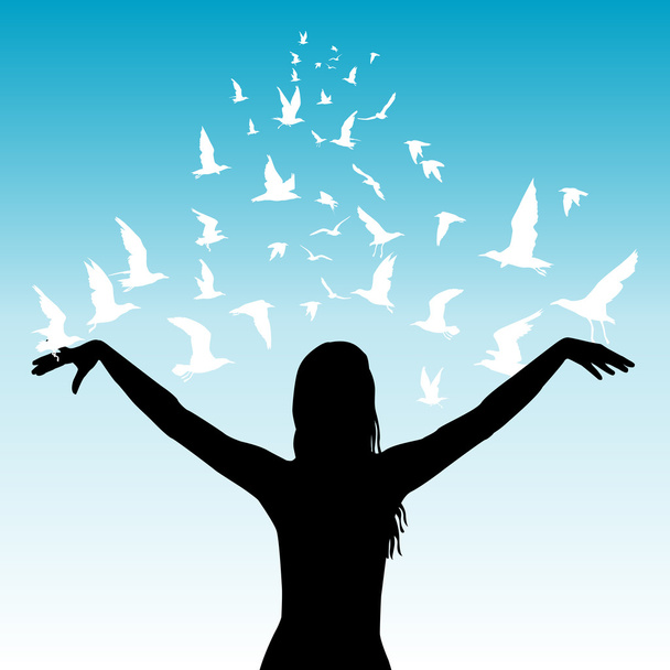 Learning to fly abstract concept with  woman and birds - Vector, Image