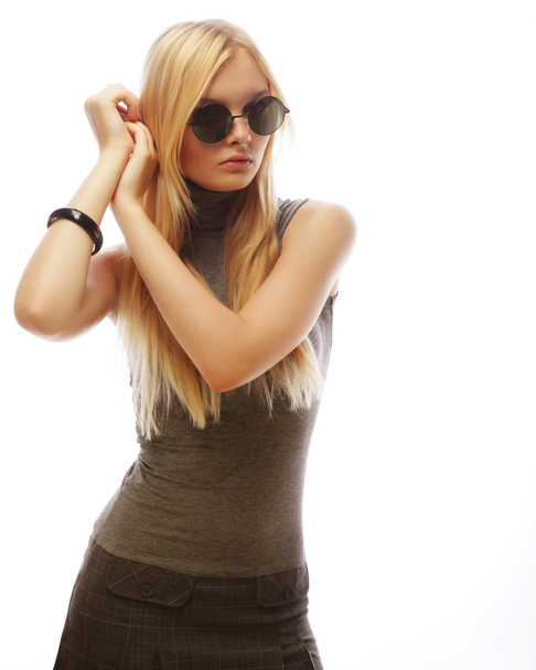 Beauty stylish blonde woman posing in fashionable clothes and bi - Φωτογραφία, εικόνα