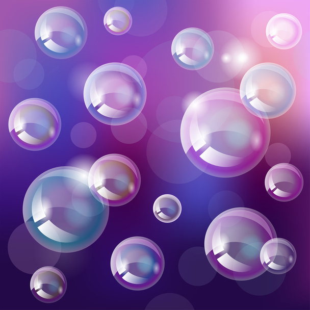 Lindas burbujas de jabón transparente sobre un fondo borroso púrpura. Ilustración vectorial
 - Vector, imagen