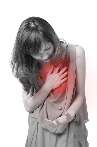 zieke vrouw met hartaanval, pijn op de borst, gezondheidsprobleem - Foto, afbeelding