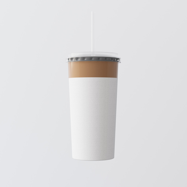 Close up One Blank White Cardboard Smoothies Cup Isolated Empty Background.Take Away Cocktail Mug Closed Gray Cap Tube Top.Clean Retail Mockup Presentation Ready Business Message.Square. 3d-рендеринг
. - Фото, изображение