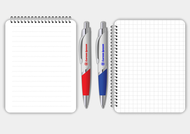 Lege realistische vierkante en bekleed spiraal Kladblok notebook met rode en blauwe pen geïsoleerd op witte vector. Mock-up weergeven voor bedrijfsidentiteit-en promotie objecten - Vector, afbeelding