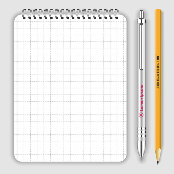 白いベクトルに隔離された空白の現実的なスパイラルメモ帳、鉛筆と白いペン。企業 ID およびプロモーション オブジェクトのモックアップを表示する - ベクター画像