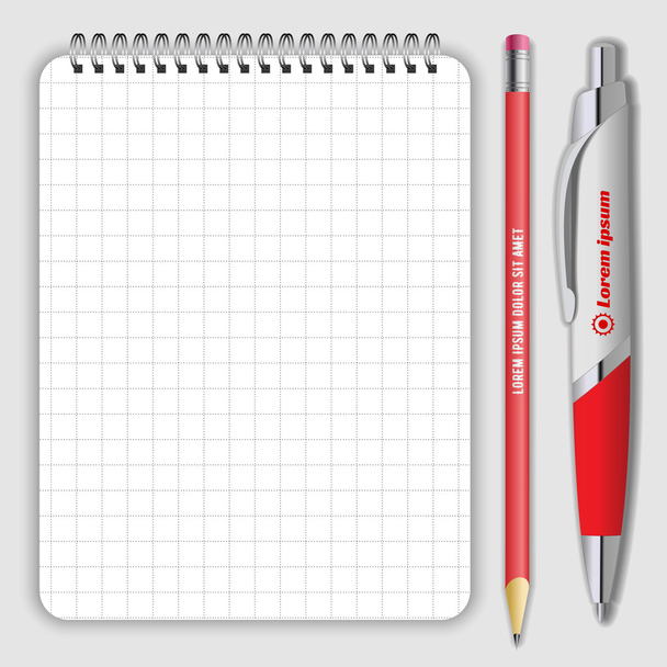 Cuaderno de cuaderno en espiral realista en blanco, bolígrafo y lápiz aislados en vector blanco. Mostrar Mock up para la identidad corporativa y los objetos de promoción
. - Vector, imagen