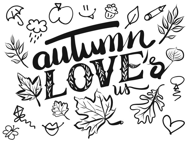 Outono nos ama Typo e ícones
 - Vetor, Imagem