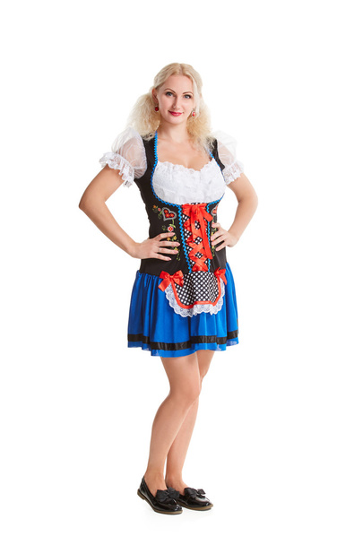 Piękna młoda blond dziewczyna z kufel piwa oktoberfest - Zdjęcie, obraz