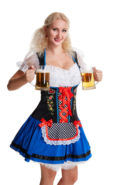 Mooie jong blond meisje van oktoberfest bier stein - Foto, afbeelding