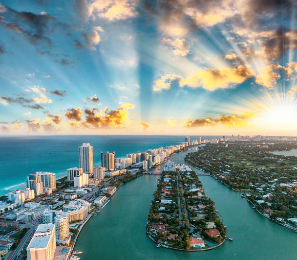 Skyline of Miami Beach, overhead view at dusk - Photo, Image