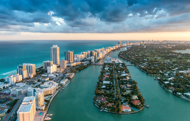 Miami Beach, wonderful aerial view of buildings, river and veget - Photo, Image