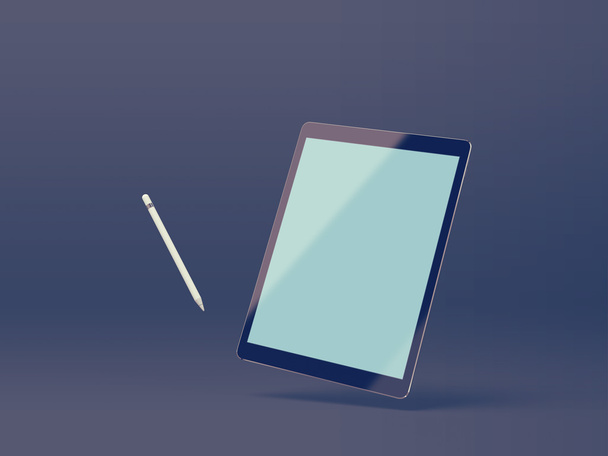 Mock up de um tablet pc, flutuando sobre fundo escuro com estilete
 - Foto, Imagem