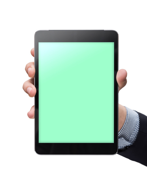 Tablet-Attrappe in der Hand auf weißem Hintergrund - Foto, Bild