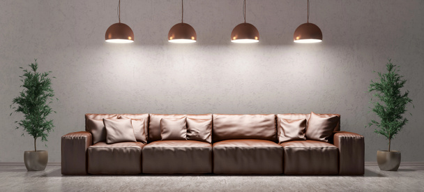 Interieur van een woonkamer met sofa over betonnen muur 3D-renderin - Foto, afbeelding