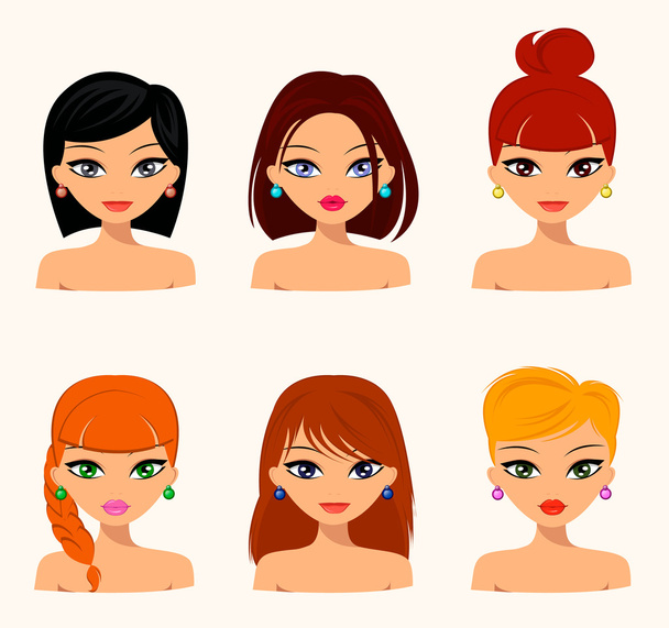 Jonge mooie vrouwen, mooie gezichten met verschillende kapsels, haarkleur. vlakke design, schoonheid en mode. Bewerkbare vector - Vector, afbeelding