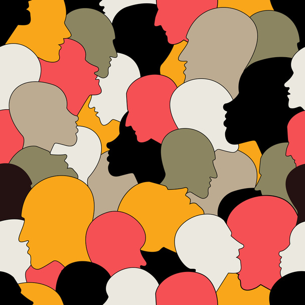 Nahtloses Muster einer Menschenmenge aus vielen verschiedenen Menschen mit unterschiedlichen ethnischen Zugehörigkeiten. Vektorhintergrund. - Vektor, Bild