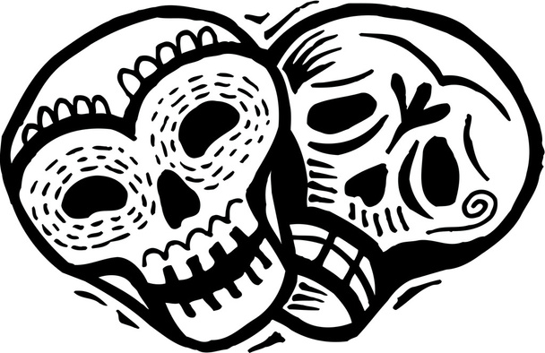 Черно-белый рисунок из двух черепов со счастливым и печальным концом
 - Фото, изображение