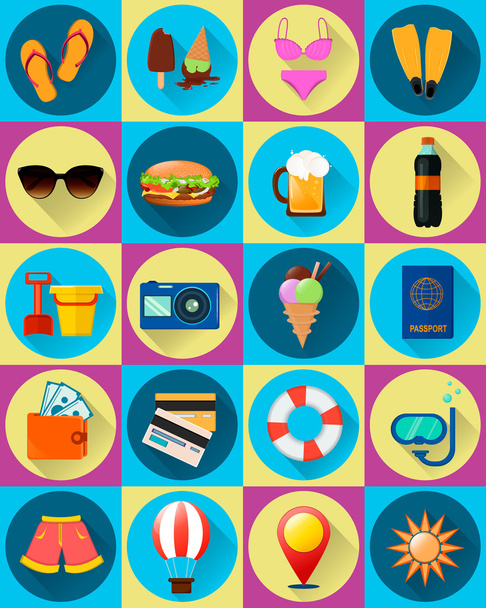 Summer Beach Icons, ice cream, diving, swimwear, plastic cards - Διάνυσμα, εικόνα