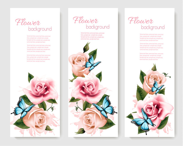 Tři pohlednice s barevnými květinami a motýly. Vect - Vektor, obrázek