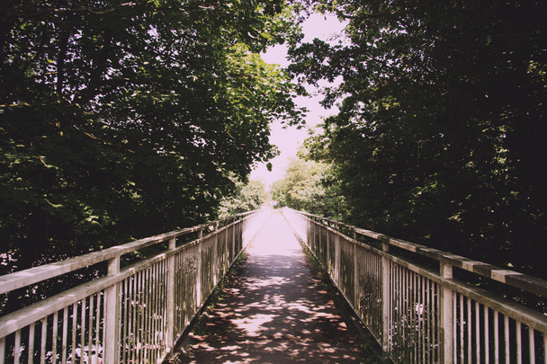 Вид вдоль длинного пешеходного моста с перилами по обе стороны Винтаг
 - Фото, изображение