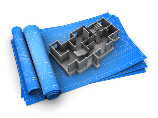 Rolled blueprints and concrete building model - Фото, зображення