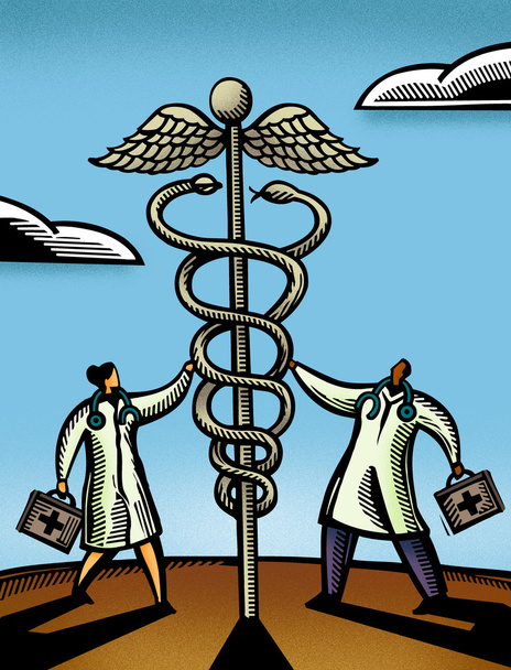 Dois médicos tocando um caduceus gigante
 - Foto, Imagem