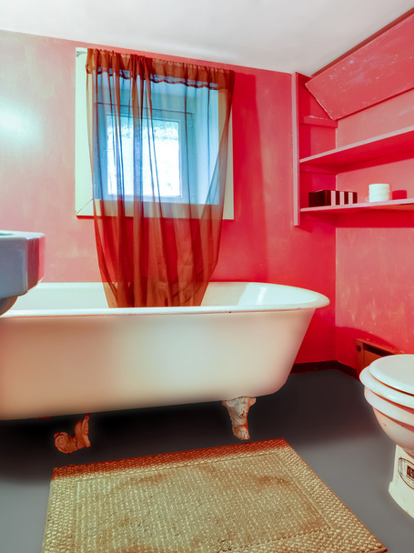 Красно-розовая ванная комната с белым тюбиком и занавеской
. - Фото, изображение