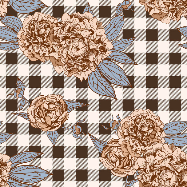 floral seamless pattern with beautiful peonies and checkered bac - Vettoriali, immagini