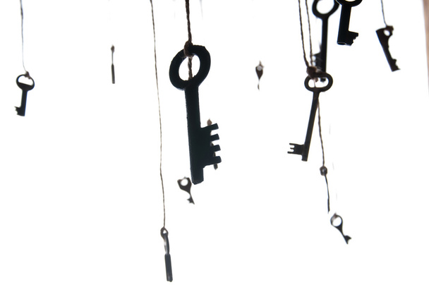 Many rustic keys hanging on string. Selective focus. Isolated - Foto, afbeelding