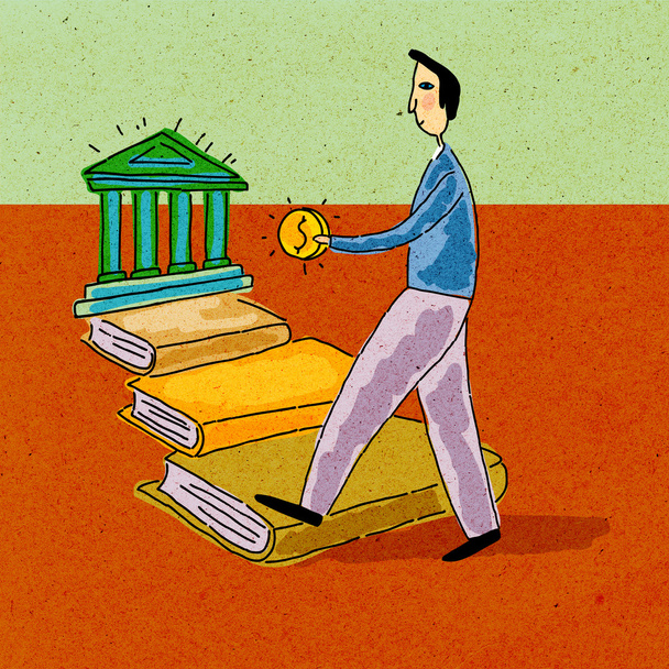 A man holding money walking along a path of books towards a bank - Photo, Image