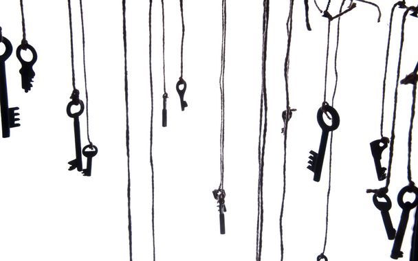 Many rustic keys hanging on string. Selective focus. Isolated - 写真・画像