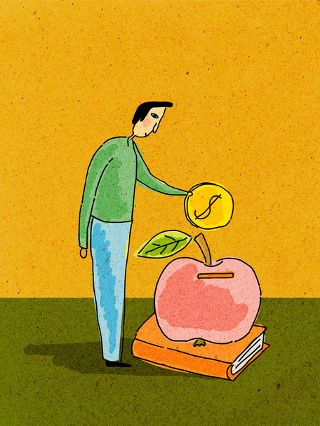 Un hombre poniendo moneda en una manzana en un libro
 - Foto, imagen