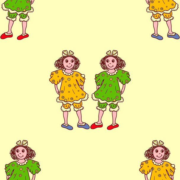 Dessin animé motif sans couture positive avec des filles mignonnes sur fond coloré
 - Vecteur, image