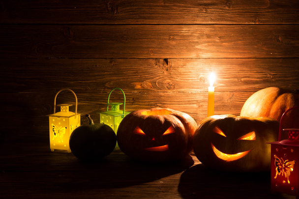Pumpkins on wooden background with copy space - Foto, afbeelding
