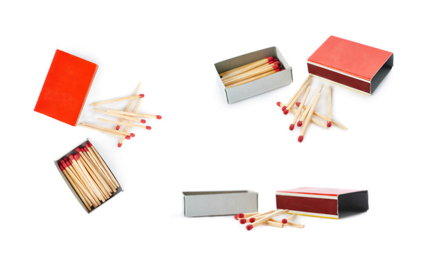 Set of Pile of Wooden matches with box isolated over the white background - Фото, зображення