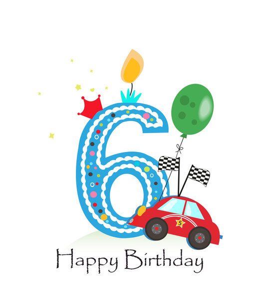 Joyeux sixième anniversaire bougie. Carte de vœux pour bébé garçon avec illustration vectorielle de voiture de course
 - Vecteur, image