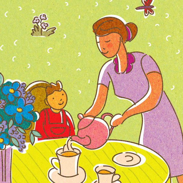 彼女の子供のための茶を注ぐ母親 - 写真・画像