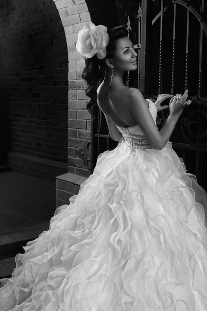 Gyönyörű barna menyasszony fekete-fehér fénykép - Fotó, kép