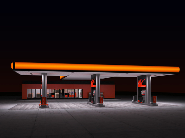   visão noturna do posto de abastecimento de combustível
 - Foto, Imagem