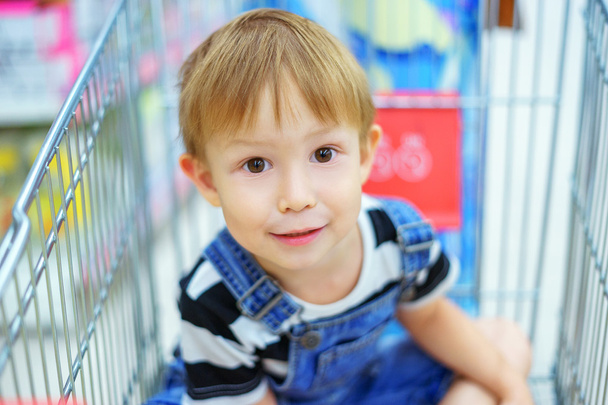 Boy sitting in a grocery cart - Foto, imagen