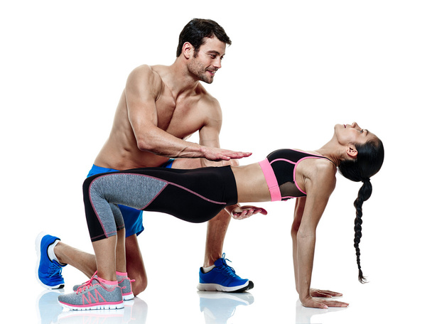 couple man and woman fitness exercises isolated - Foto, afbeelding