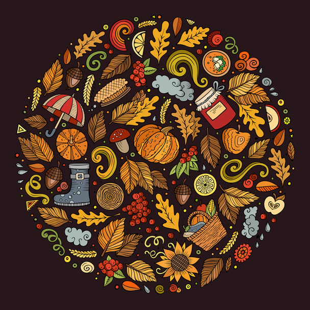 Осенние мультяшные каракули, символы и предметы
 - Вектор,изображение