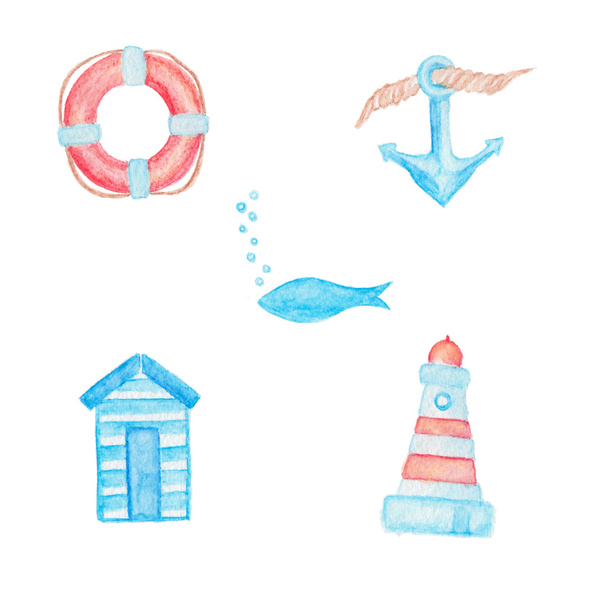 Lifebuoy, anchor, fish, beach changing room and lighthouse drawing - 写真・画像