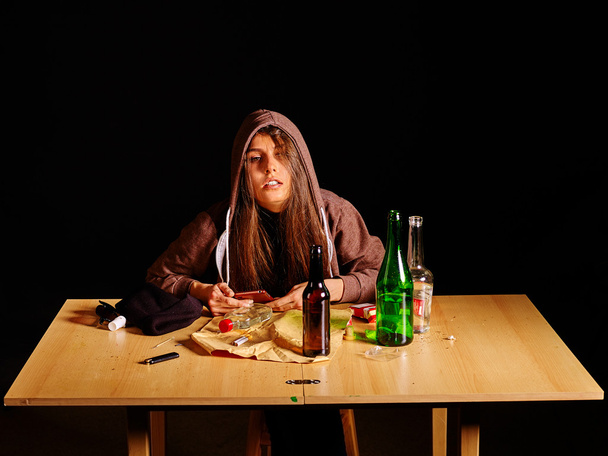 Girl in depression drinking alcohol. Bad habits. - Photo, Image