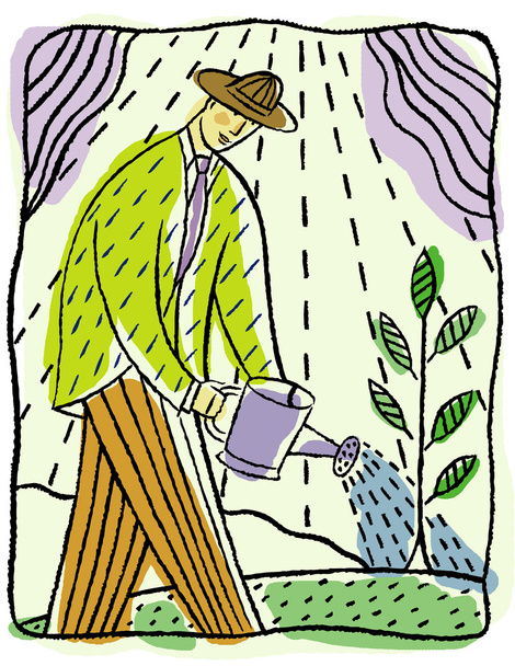 El hombre riego planta frondosa
 - Foto, imagen