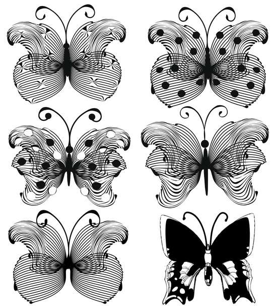 σύνολο αφηρημένη αεριζόμενες μαύρο πεταλούδες που απομονώνονται σε λευκό - Διάνυσμα, εικόνα