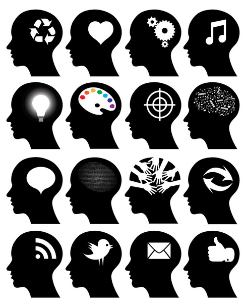σύνολο των 16 εικονίδια κεφάλι με σύμβολα ιδέα - Διάνυσμα, εικόνα