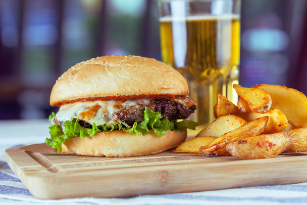 burger, glass with drink and french fries - Фото, зображення