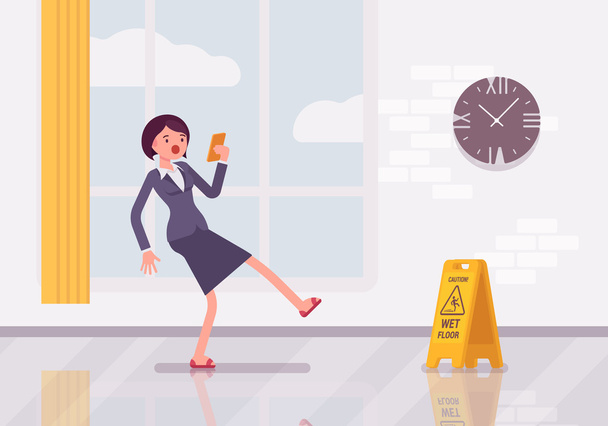 Woman with a smartphone slipps on the wet floor - Vector, Image