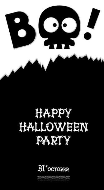 Komik tatil afiş: başlık Boo kafatası iskeletve Mutlu Halloween kemikler harflerden. Karikatür tarzında vektör illüstrasyon. Konsept tasarım afişi, el ilanı veya partide bilet. - Vektör, Görsel