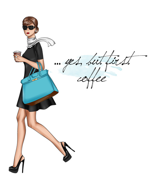 iLLUSTRATION OF A GIRL WALKING WITH A CUP OF COFFEE - Valokuva, kuva