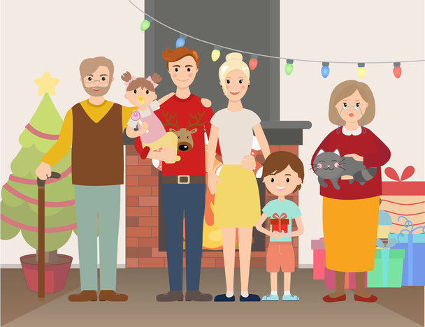 Vector illustration of Christmas family portrait - Vetor, Imagem